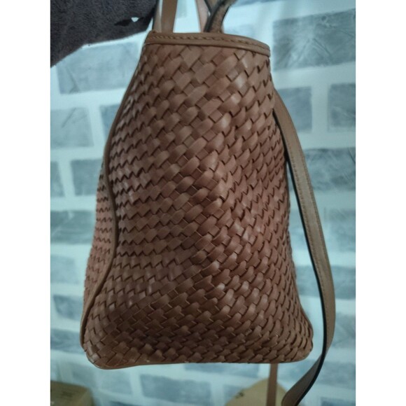 TORY BURCH THEA Tobacco Brown WOVEN Leather Center Zip Handbag READ - Picture 5 of 16
